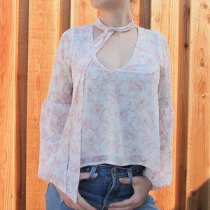 Lush Puff Sleeves Neck Tie Floral Blouse Size S